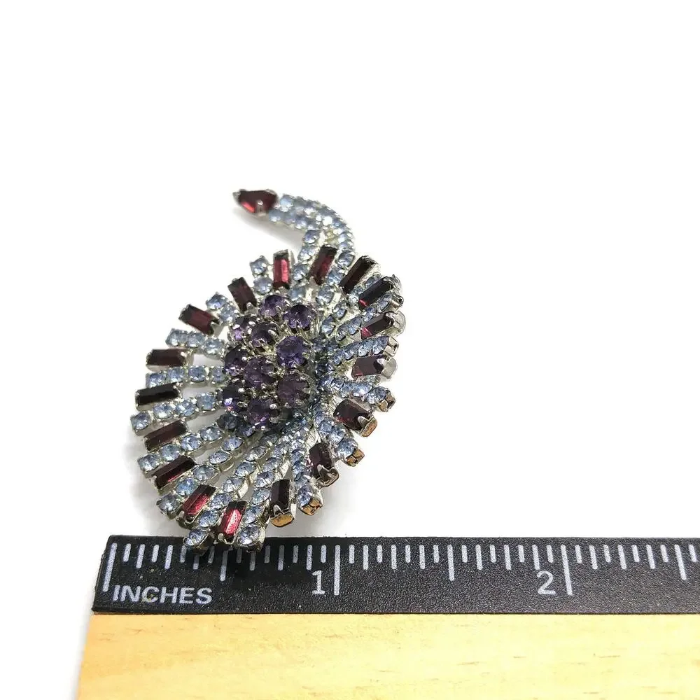 Vintage Hobe Rhinestone Brooch Purple Blue Rhodium Signed